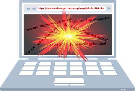 Grafik mit explodierendem Computerbildschirm und der Nachricht Fehler 404 - Seite nicht gefunden!